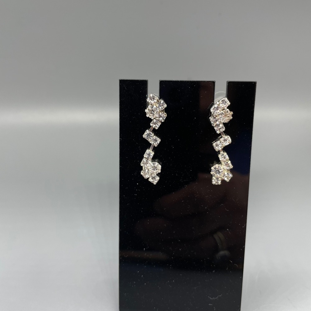 Silver Tone Rhinestone Geometric Drop Earrings Clear Crystal Dangle Post Backs